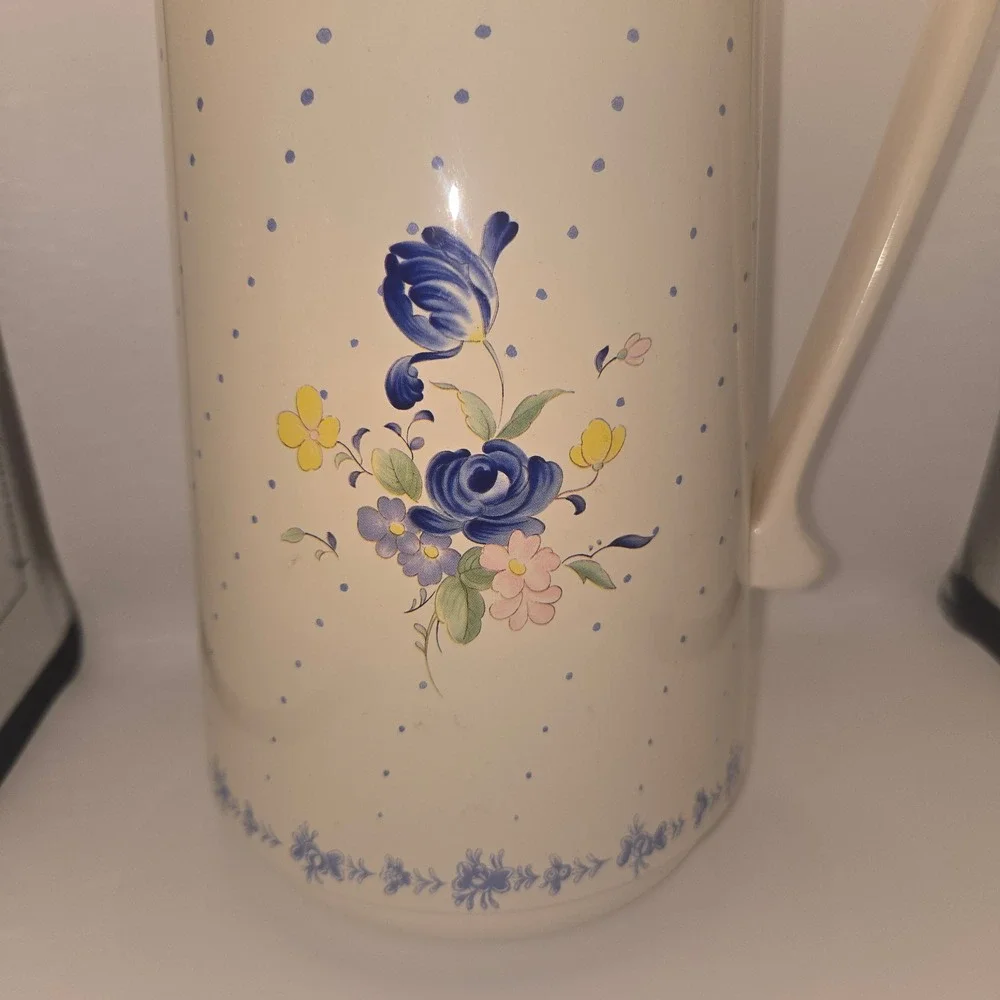 Vintage Nikko Ceramics Thermal Carafe Blue Floral Polka Dot Insulated Pitcher